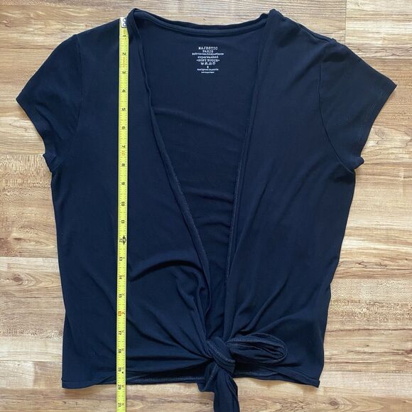 MAJESTIC PARIS L Black Super Washed Soft Touch Open Tie Front Short Sleeve Top 4 - Picture 9 of 12